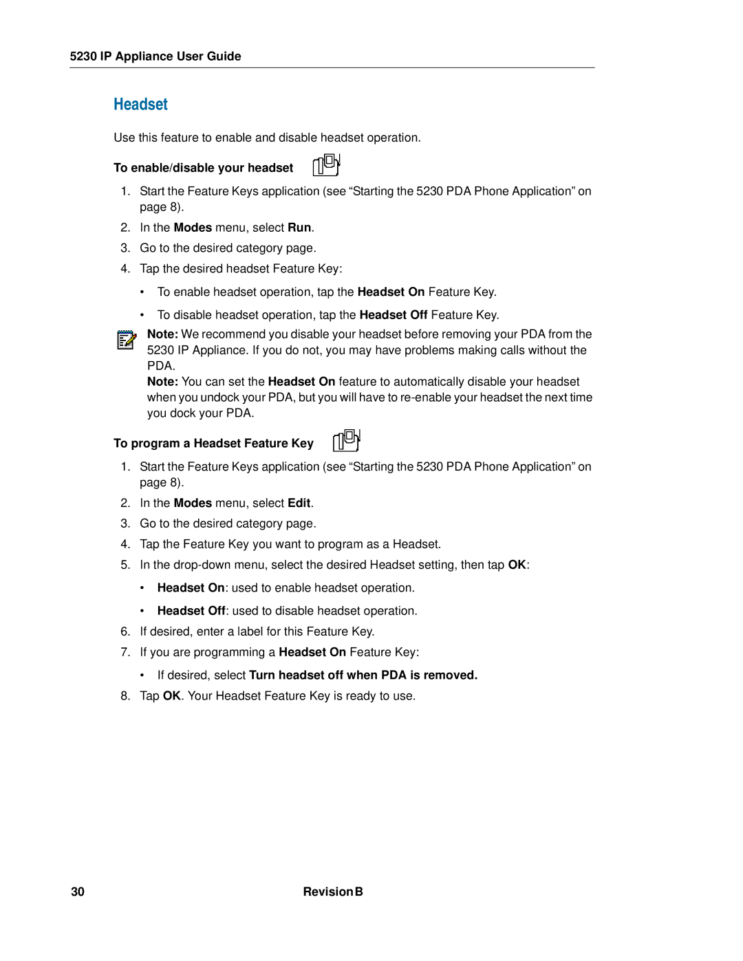 Mitel 5230 manual To enable/disable your headset, To program a Headset Feature Key 