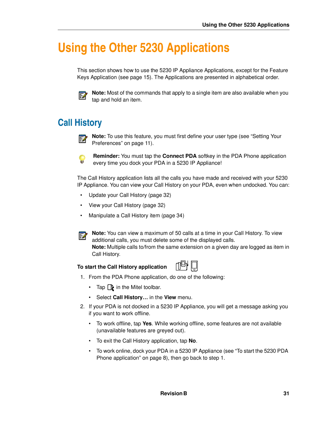 Mitel 5230 manual To start the Call History application 