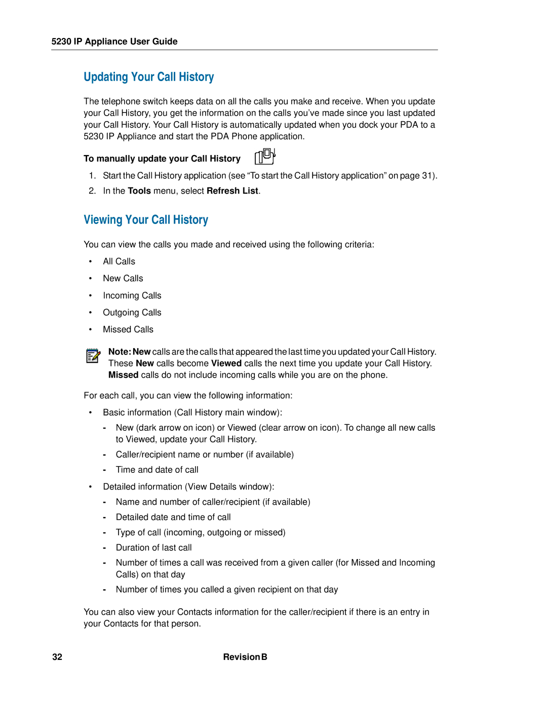 Mitel 5230 Updating Your Call History, Viewing Your Call History, To manually update your Call History 