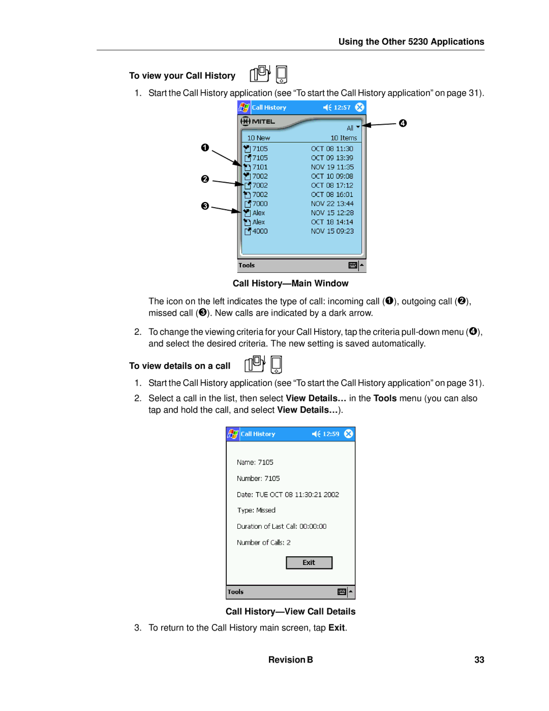 Mitel Using the Other 5230 Applications To view your Call History, Call History-Main Window, To view details on a call 