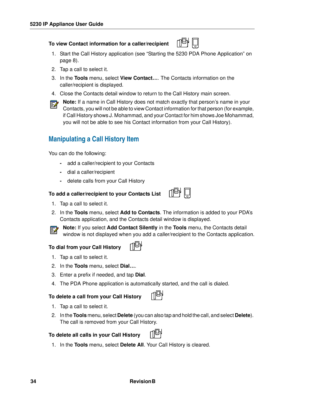 Mitel 5230 manual Manipulating a Call History Item, To add a caller/recipient to your Contacts List 