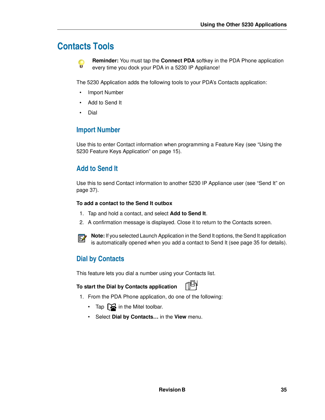 Mitel 5230 manual Contacts Tools, Import Number, Add to Send It, Dial by Contacts 