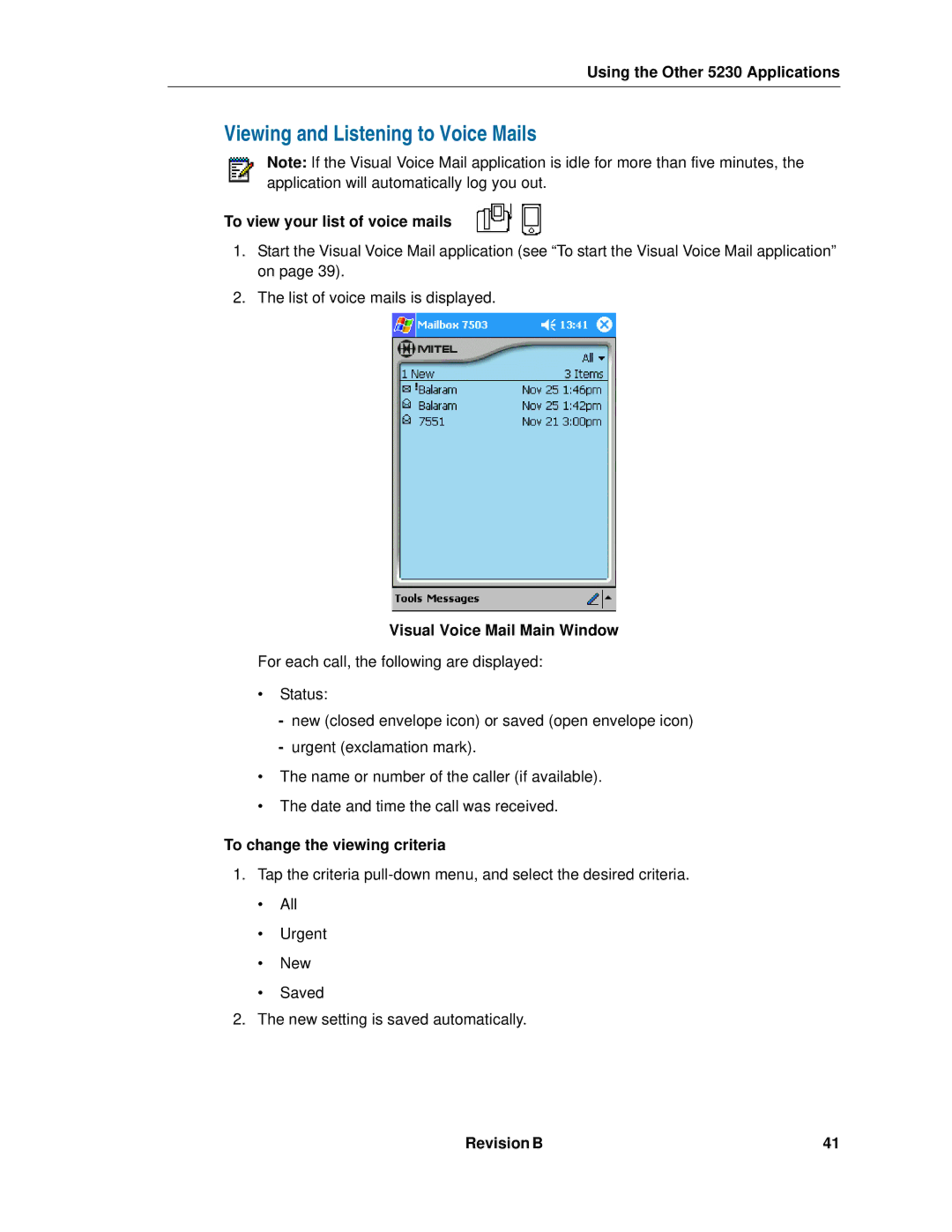 Mitel 5230 manual Viewing and Listening to Voice Mails, To view your list of voice mails, Visual Voice Mail Main Window 