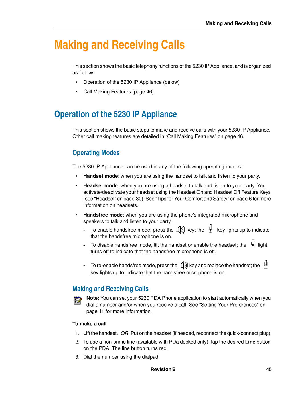 Mitel manual Operation of the 5230 IP Appliance, Operating Modes, To make a call 