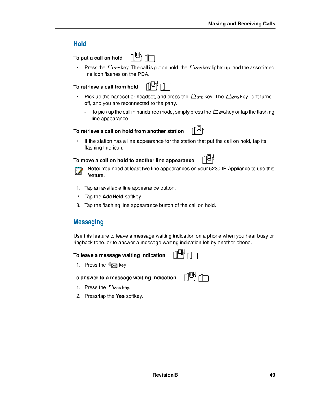 Mitel 5230 manual Hold, Messaging 