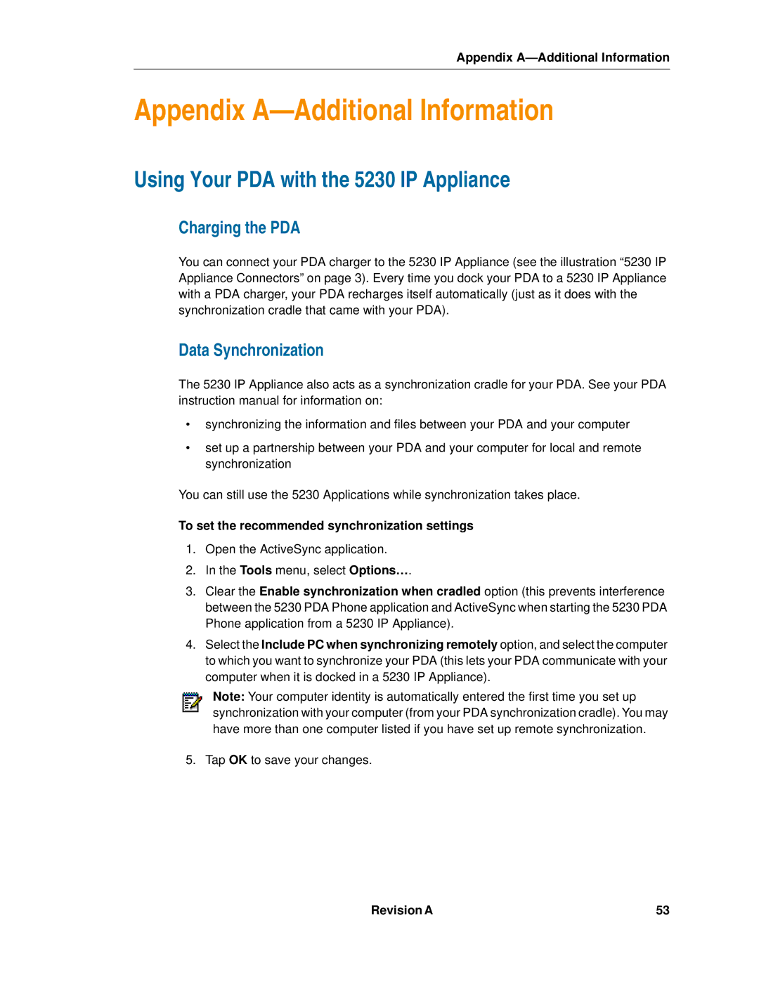 Mitel manual Using Your PDA with the 5230 IP Appliance, Charging the PDA, Data Synchronization, Revision a 