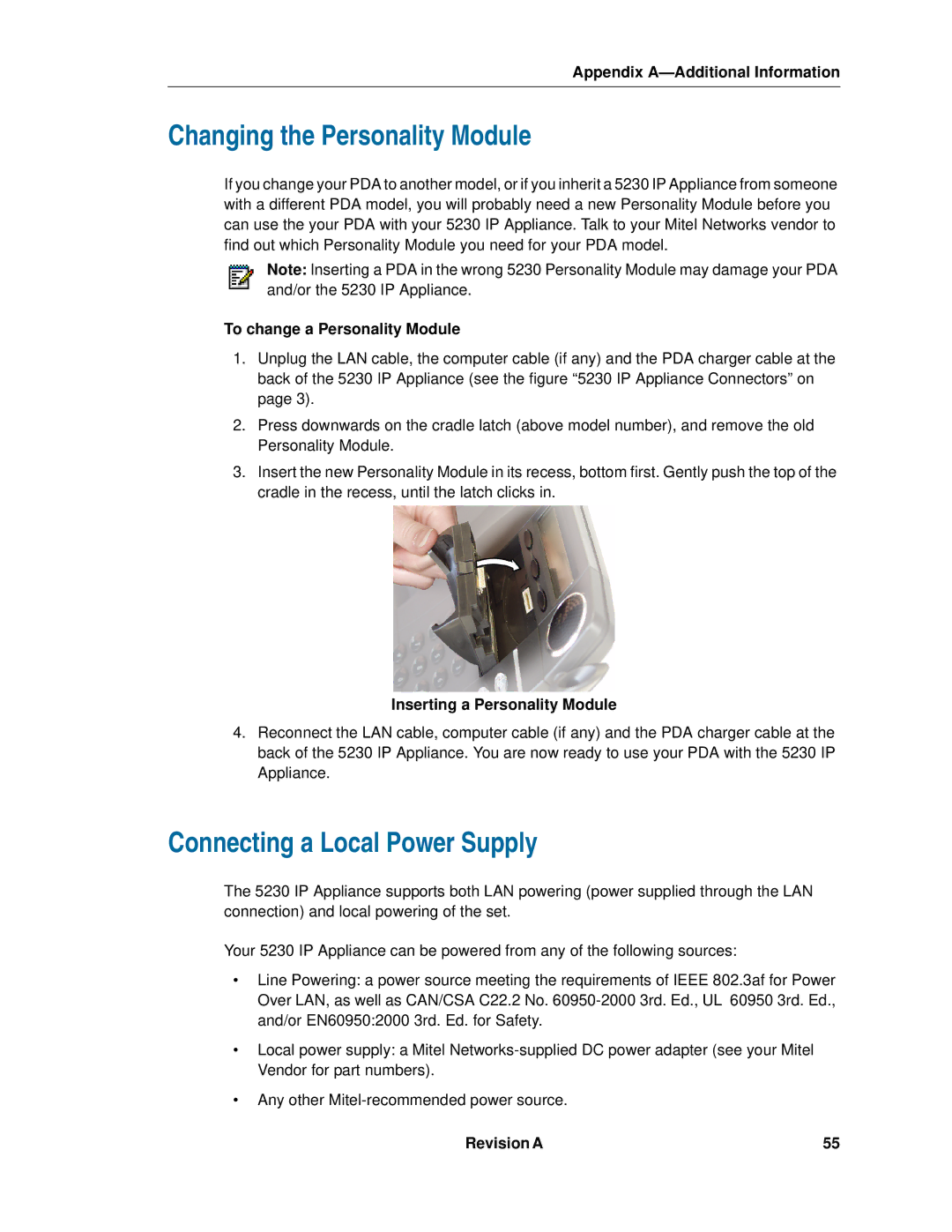 Mitel 5230 manual Changing the Personality Module, Connecting a Local Power Supply, To change a Personality Module 