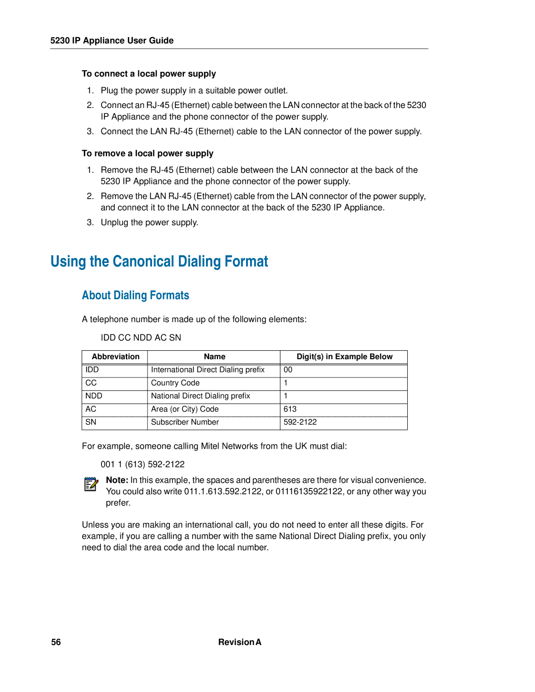 Mitel 5230 manual Using the Canonical Dialing Format, About Dialing Formats, To remove a local power supply 