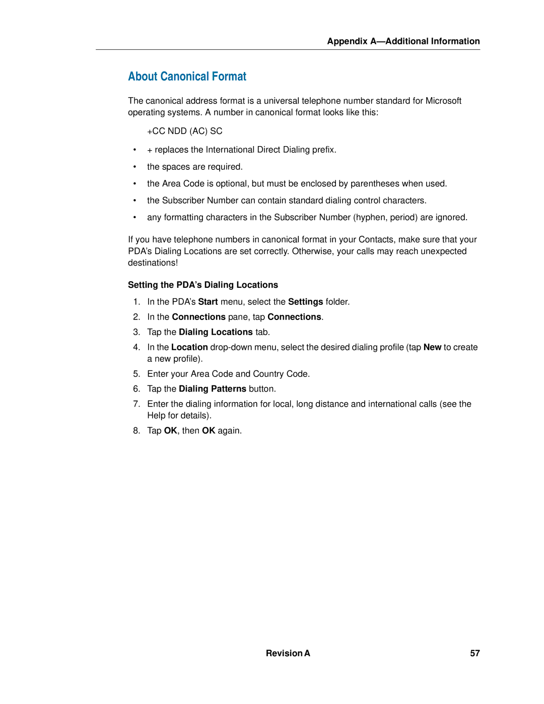 Mitel 5230 manual About Canonical Format, Setting the PDA’s Dialing Locations, Tap the Dialing Patterns button 