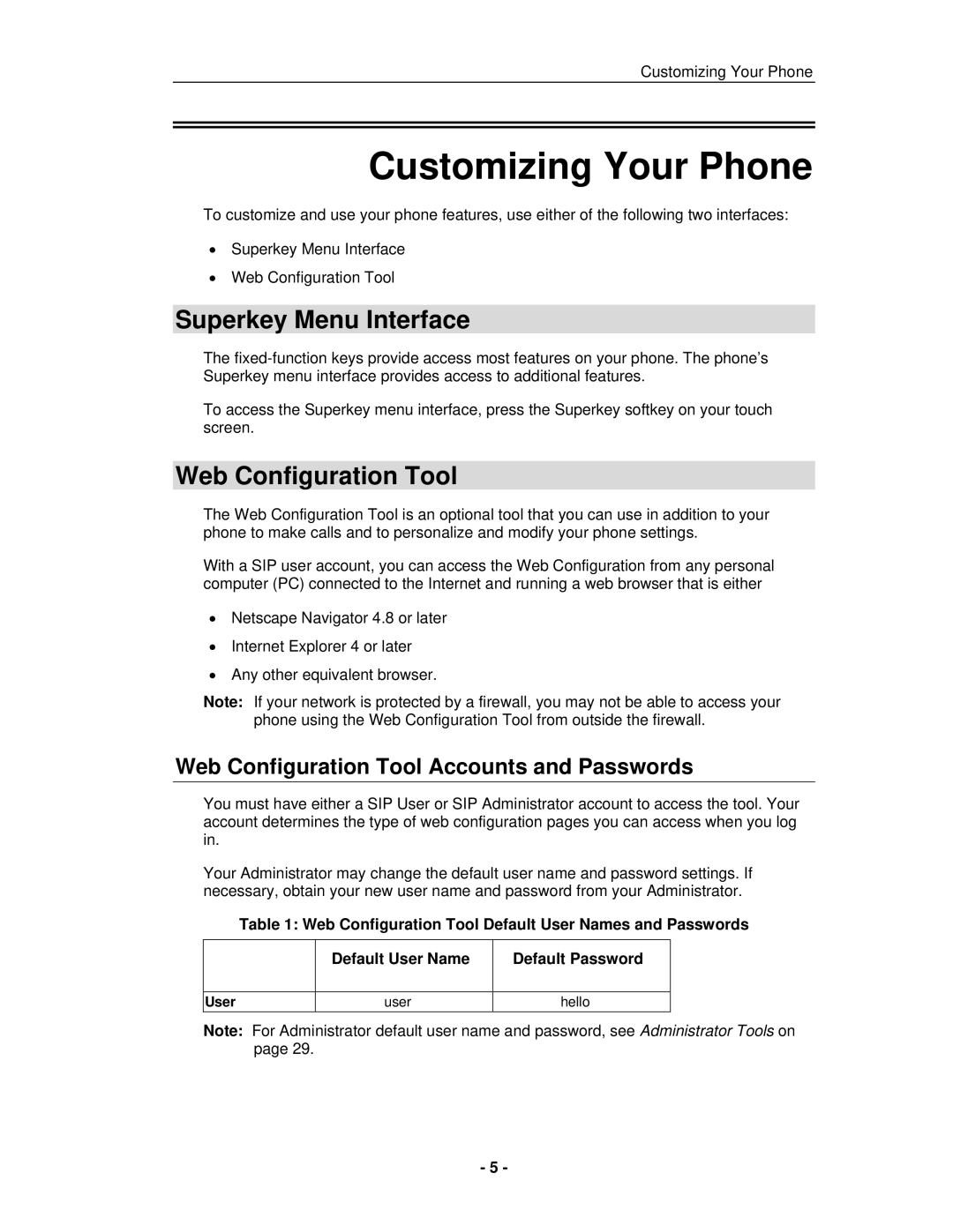 Mitel 5235 IP Phone manual Customizing Your Phone, Superkey Menu Interface, Web Configuration Tool 