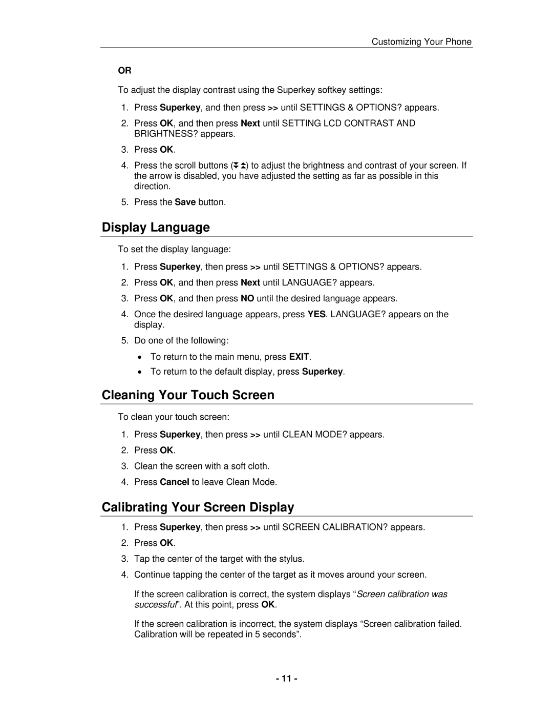 Mitel 5235 IP Phone manual Display Language, Cleaning Your Touch Screen, Calibrating Your Screen Display 