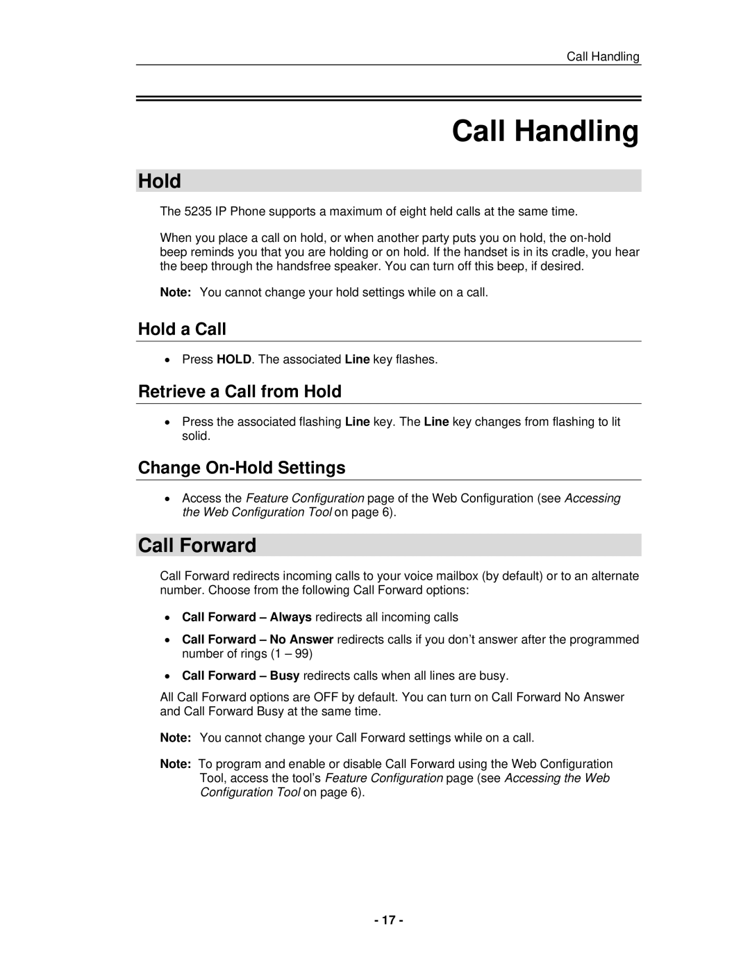 Mitel 5235 IP Phone manual Call Handling, Hold, Call Forward 