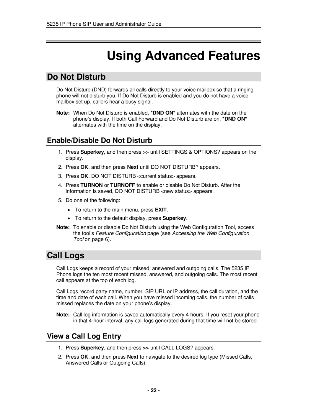 Mitel 5235 IP Phone manual Using Advanced Features, Call Logs, Enable/Disable Do Not Disturb, View a Call Log Entry 