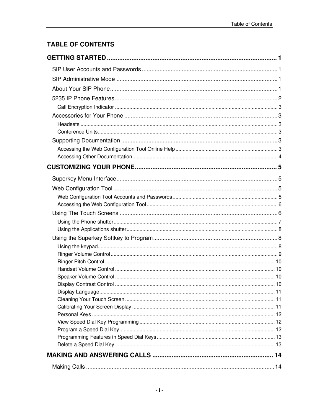 Mitel 5235 IP Phone manual Table of Contents 