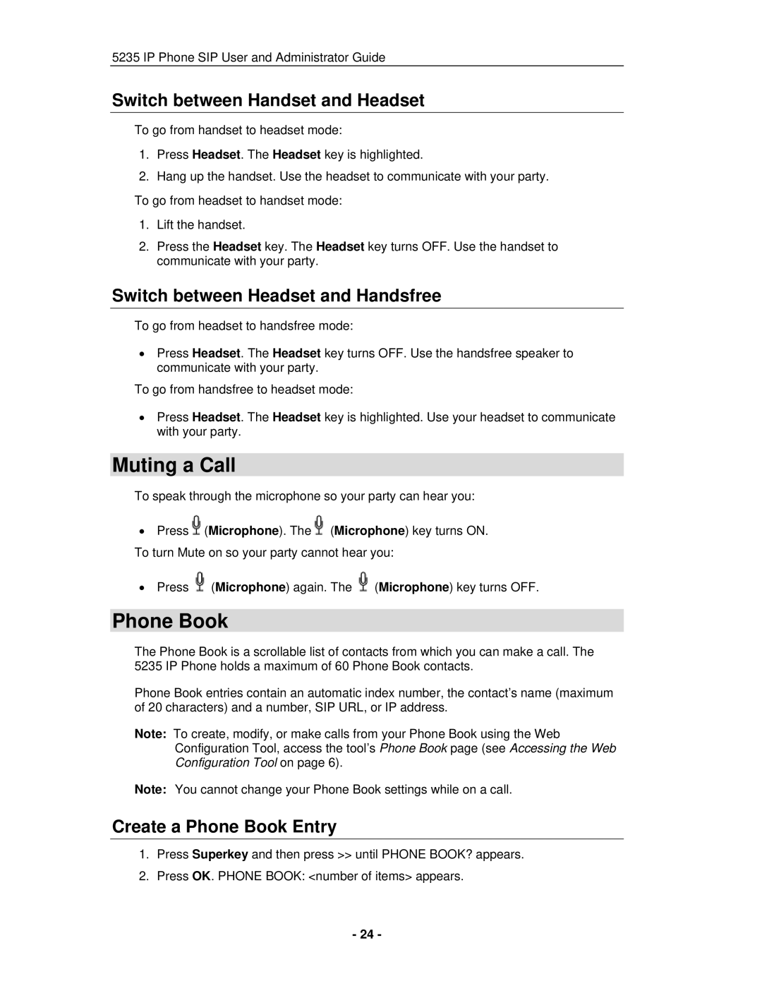 Mitel 5235 IP Phone Muting a Call, Phone Book, Switch between Handset and Headset, Switch between Headset and Handsfree 