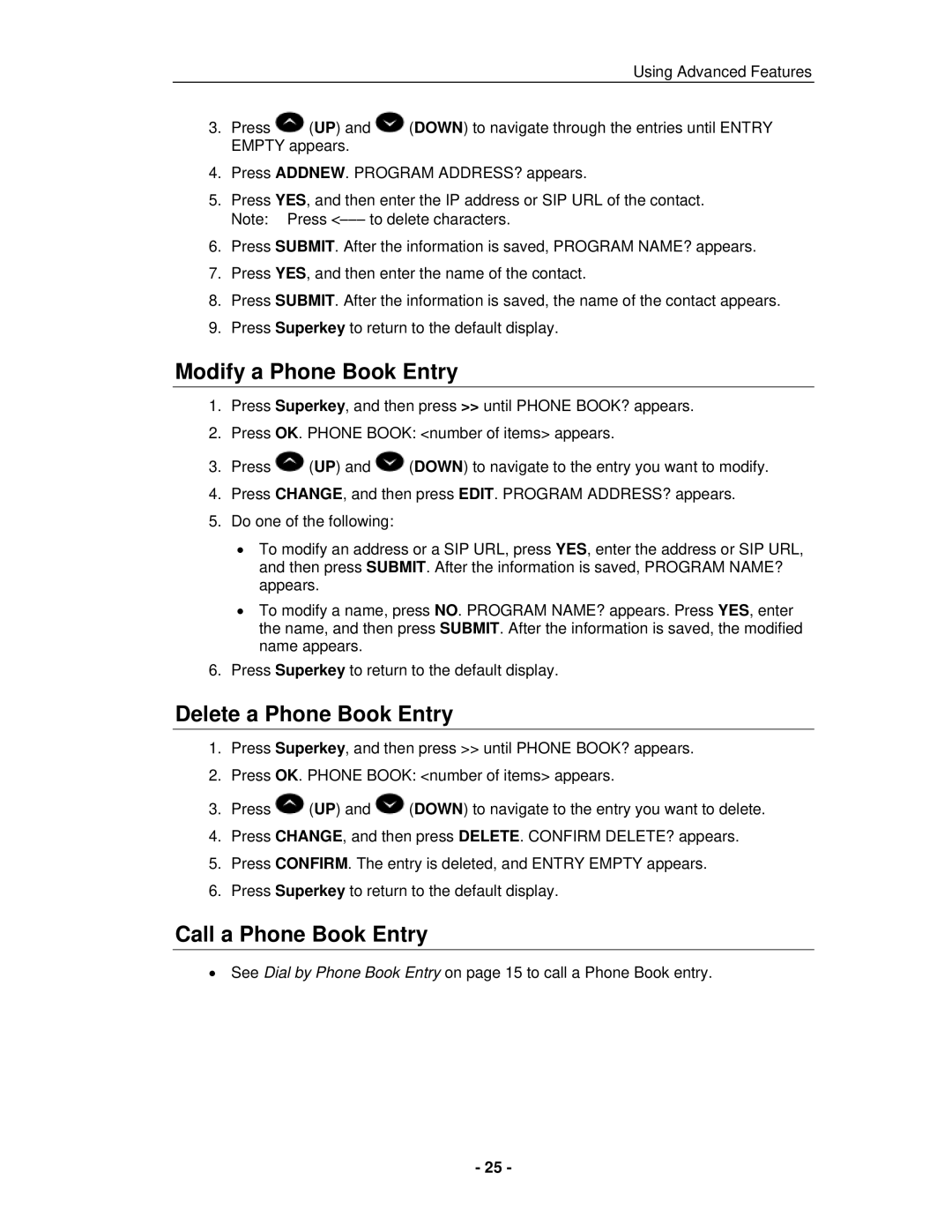 Mitel 5235 IP Phone manual Modify a Phone Book Entry, Delete a Phone Book Entry, Call a Phone Book Entry 