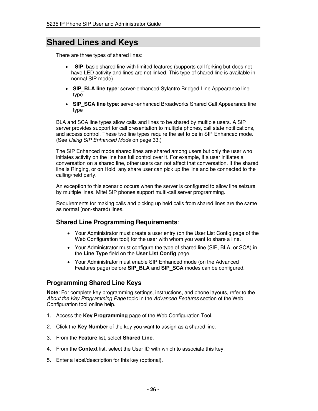 Mitel 5235 IP Phone manual Shared Lines and Keys, Shared Line Programming Requirements 