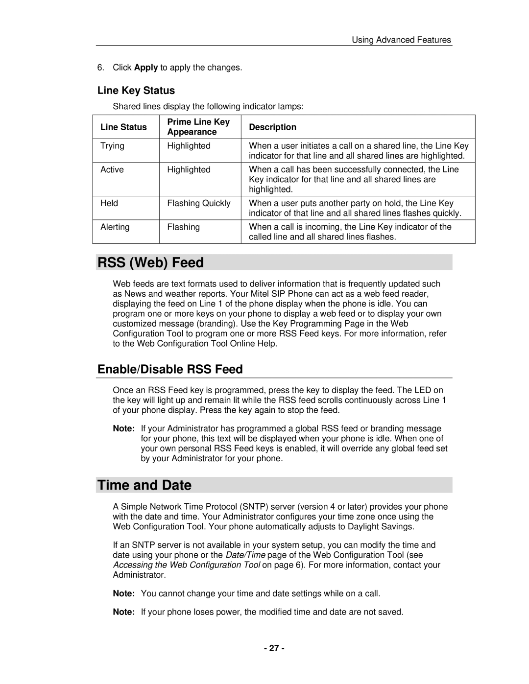 Mitel 5235 IP Phone manual RSS Web Feed, Time and Date, Enable/Disable RSS Feed 