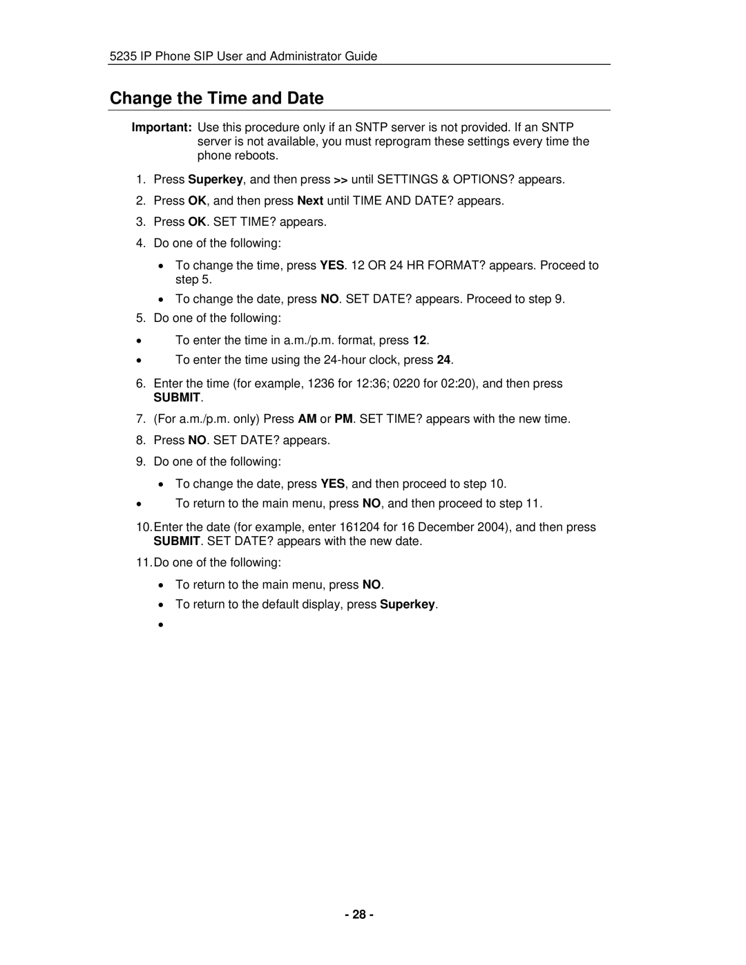 Mitel 5235 IP Phone manual Change the Time and Date, Submit 