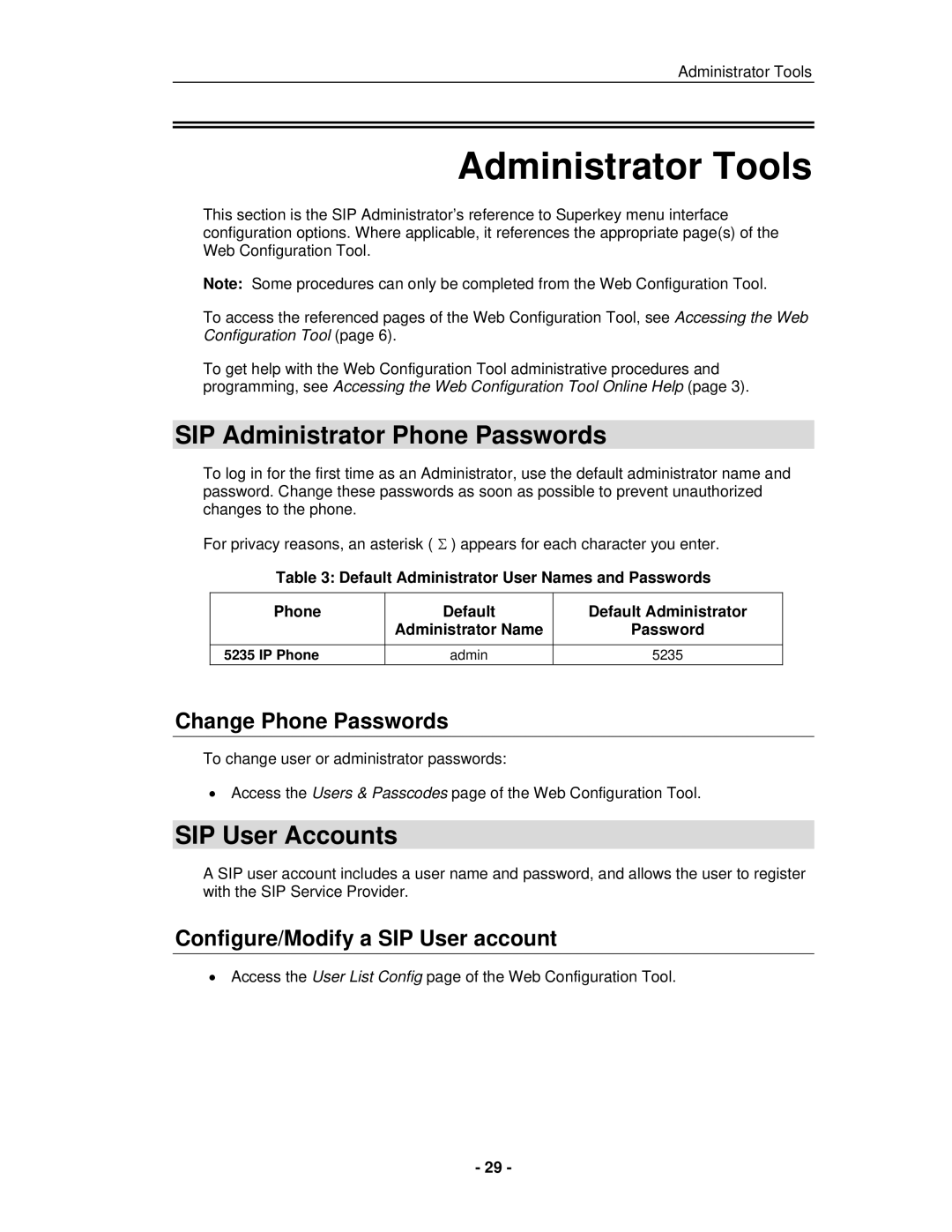 Mitel 5235 IP Phone Administrator Tools, SIP Administrator Phone Passwords, SIP User Accounts, Change Phone Passwords 