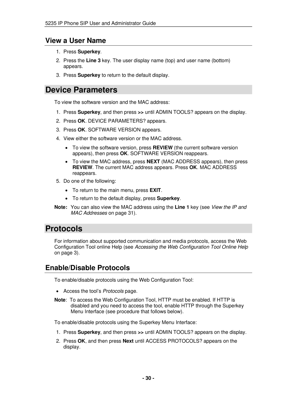 Mitel 5235 IP Phone manual Device Parameters, View a User Name, Enable/Disable Protocols 