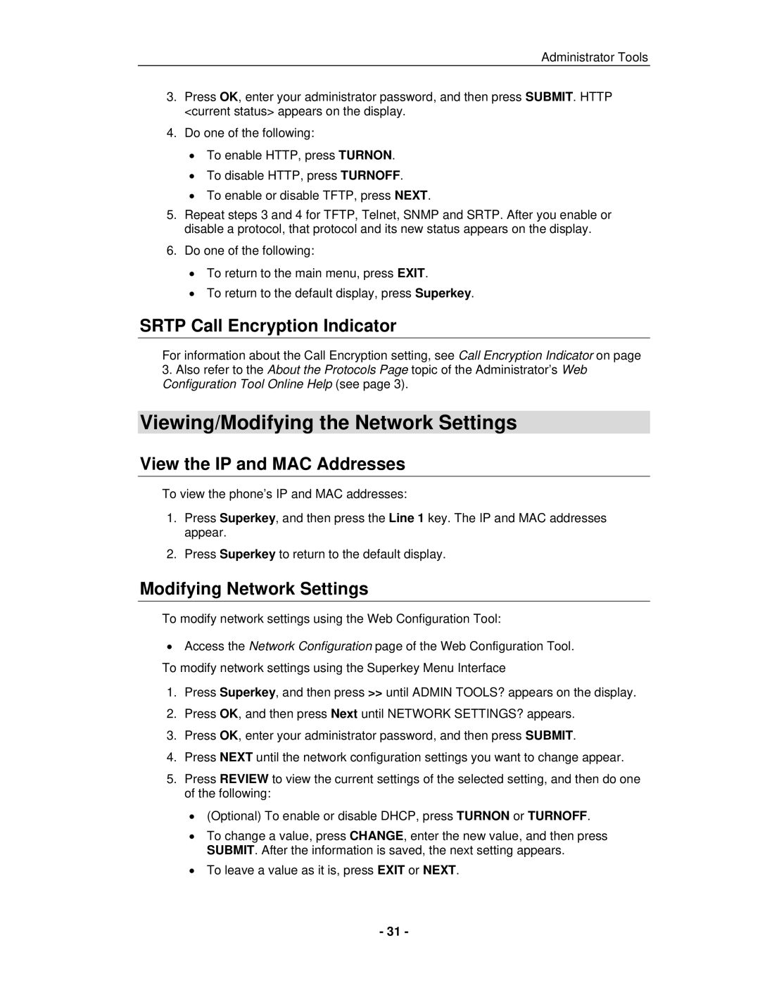 Mitel 5235 IP Phone Viewing/Modifying the Network Settings, Srtp Call Encryption Indicator, View the IP and MAC Addresses 