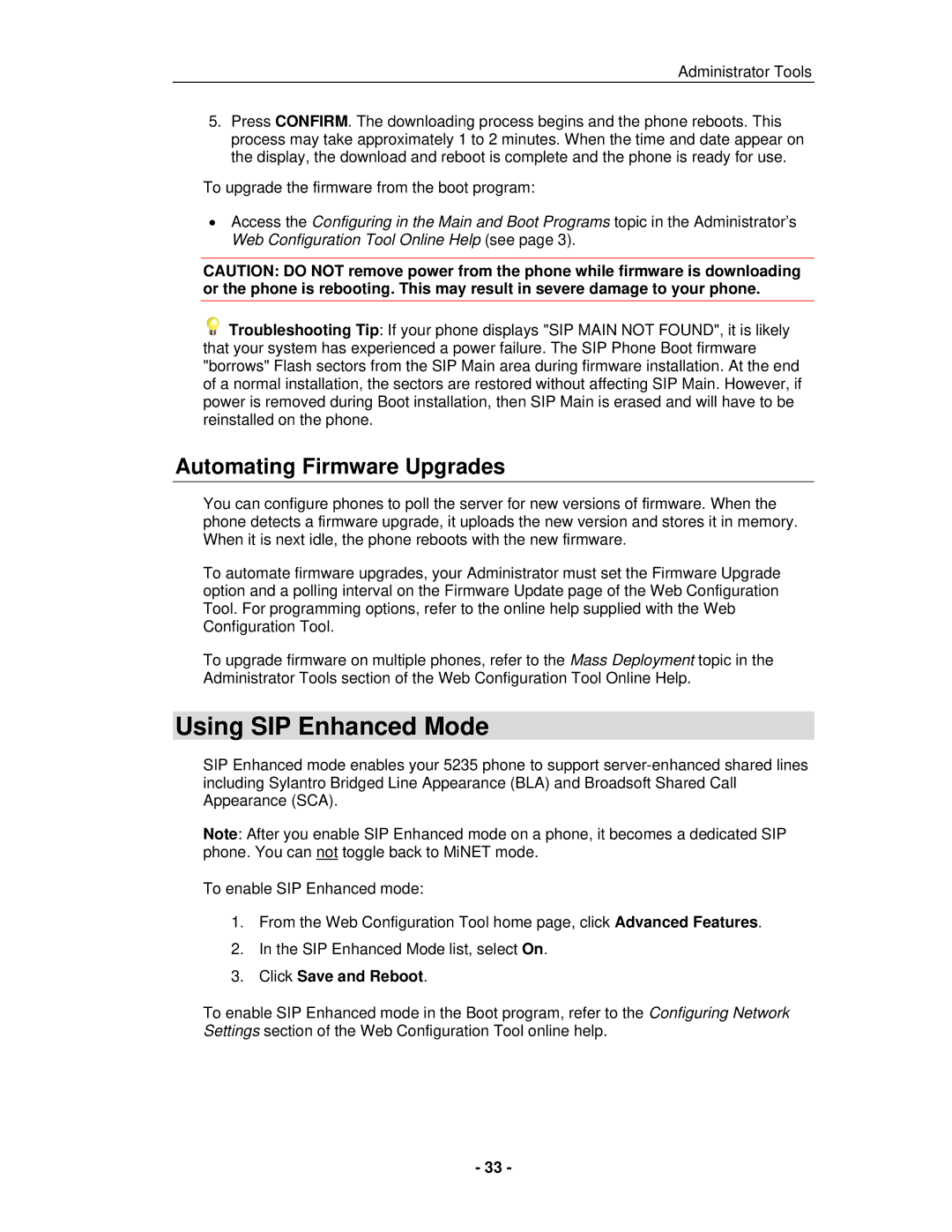 Mitel 5235 IP Phone manual Using SIP Enhanced Mode, Automating Firmware Upgrades 