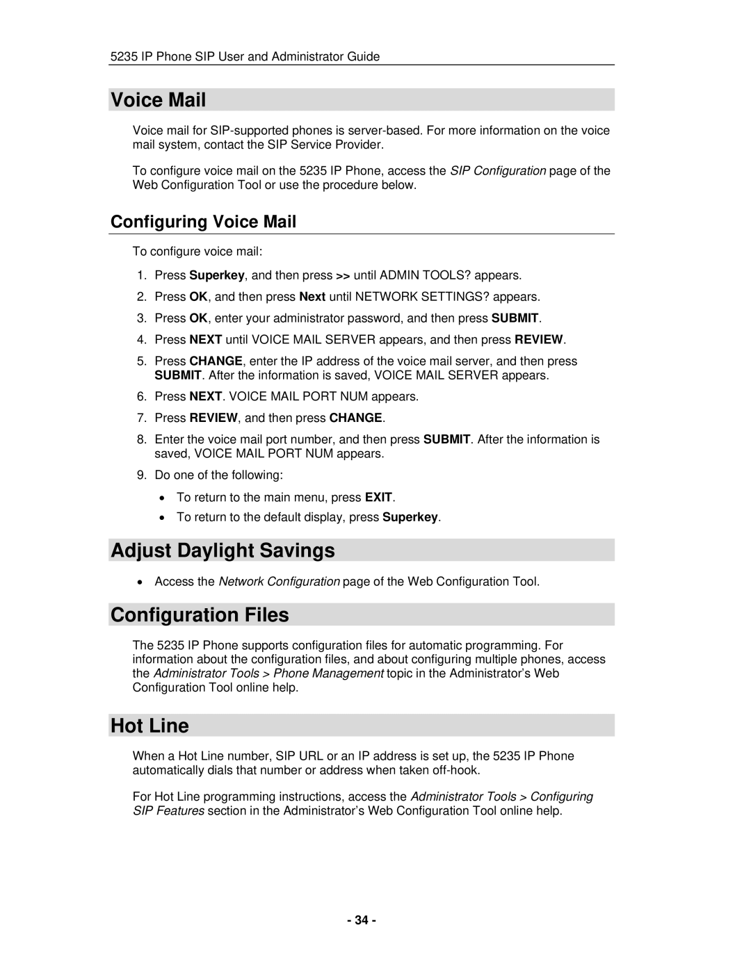 Mitel 5235 IP Phone manual Adjust Daylight Savings, Configuration Files, Hot Line, Configuring Voice Mail 