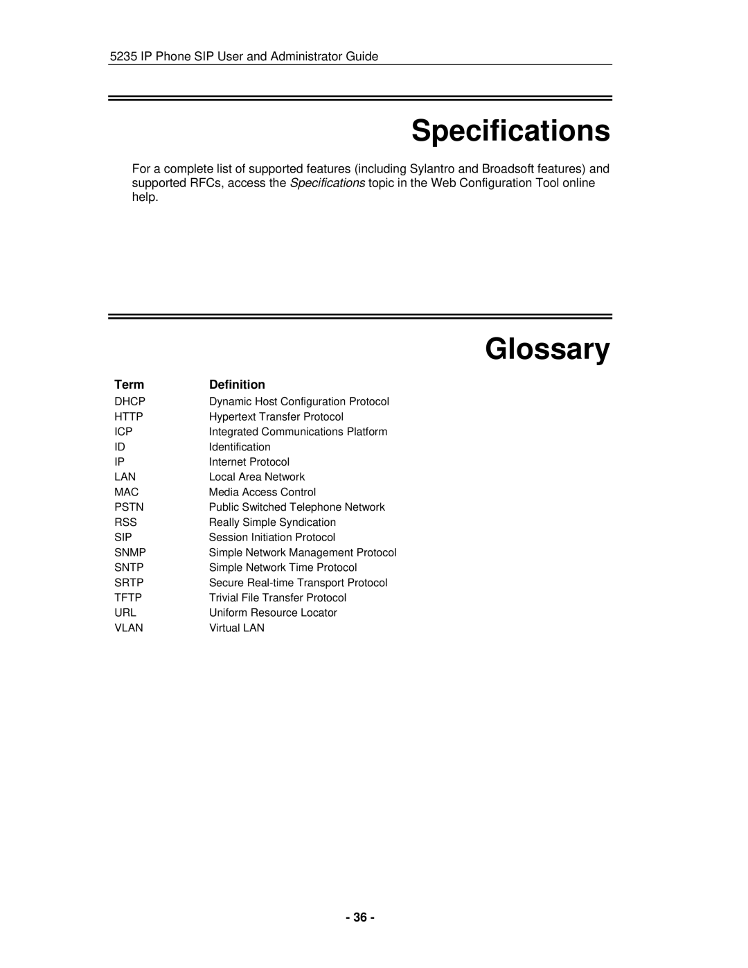 Mitel 5235 IP Phone manual Specifications, Glossary 