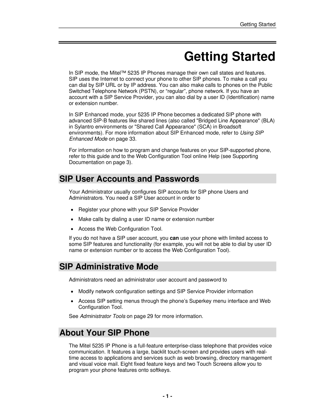 Mitel 5235 IP Phone manual Getting Started, SIP User Accounts and Passwords, SIP Administrative Mode, About Your SIP Phone 