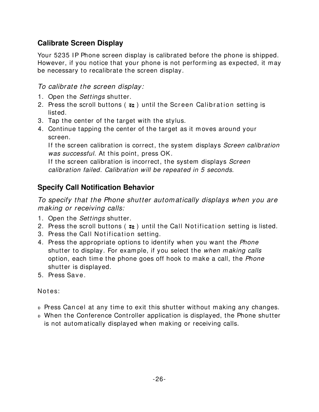 Mitel 5235 manual Calibrate Screen Display, Specify Call Notification Behavior, To calibrate the screen display 