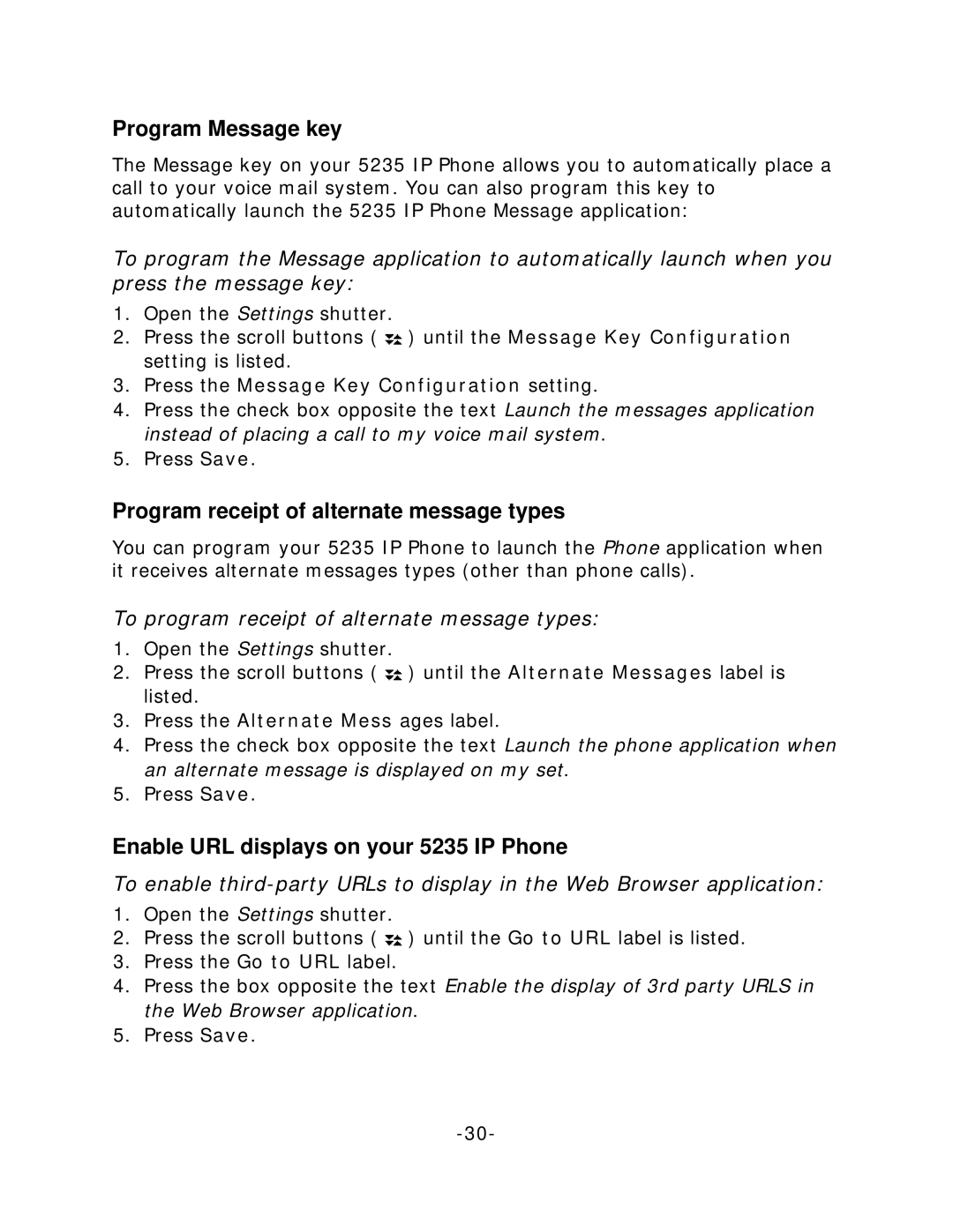 Mitel manual Program Message key, Program receipt of alternate message types, Enable URL displays on your 5235 IP Phone 