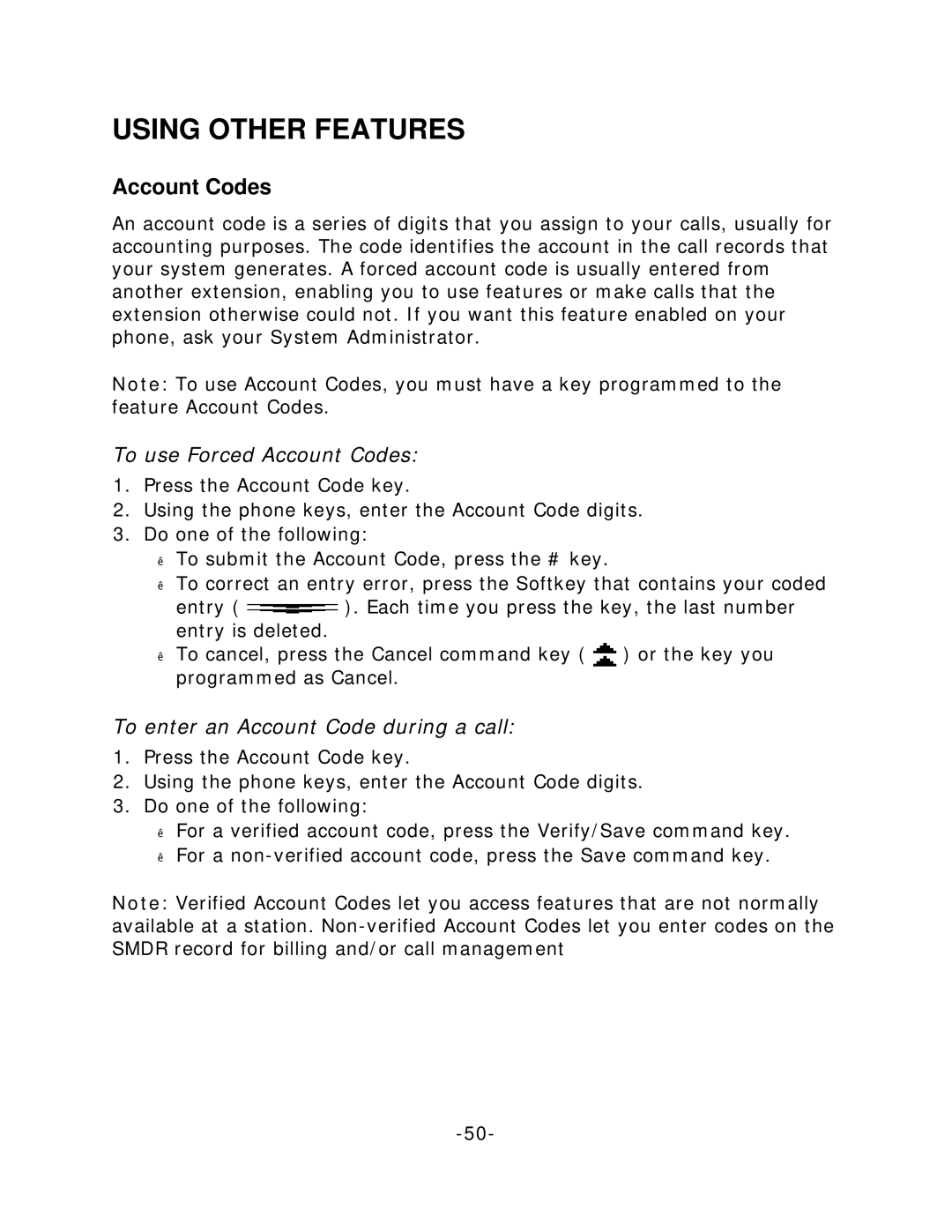 Mitel 5235 manual Using Other Features, To use Forced Account Codes, To enter an Account Code during a call 