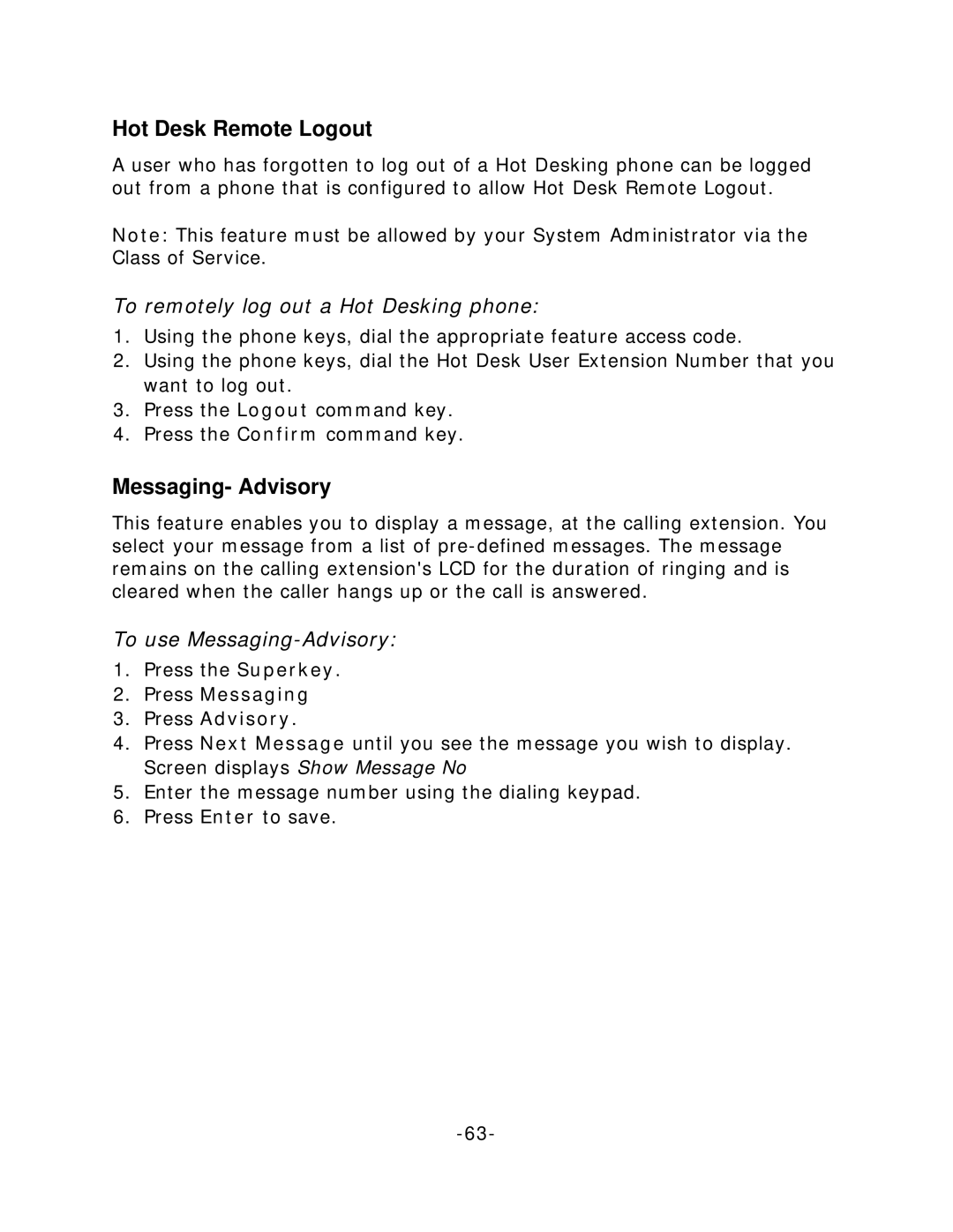 Mitel 5235 Hot Desk Remote Logout, Messaging- Advisory, To remotely log out a Hot Desking phone, To use Messaging-Advisory 