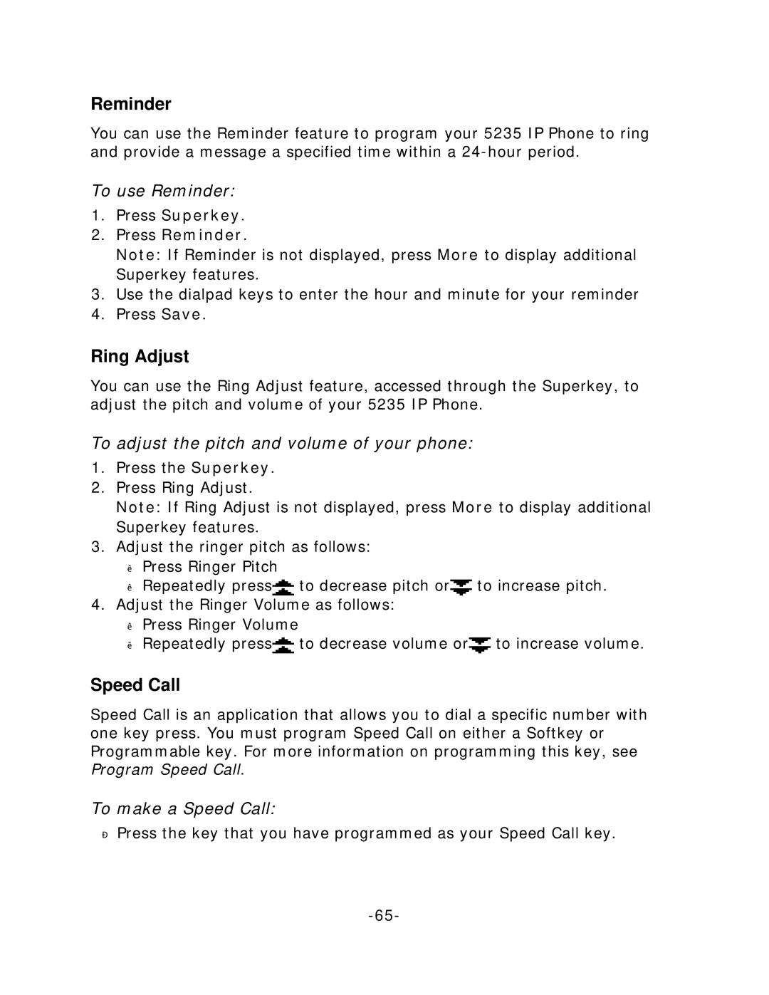 Mitel 5235 manual Reminder, Ring Adjust, Speed Call 