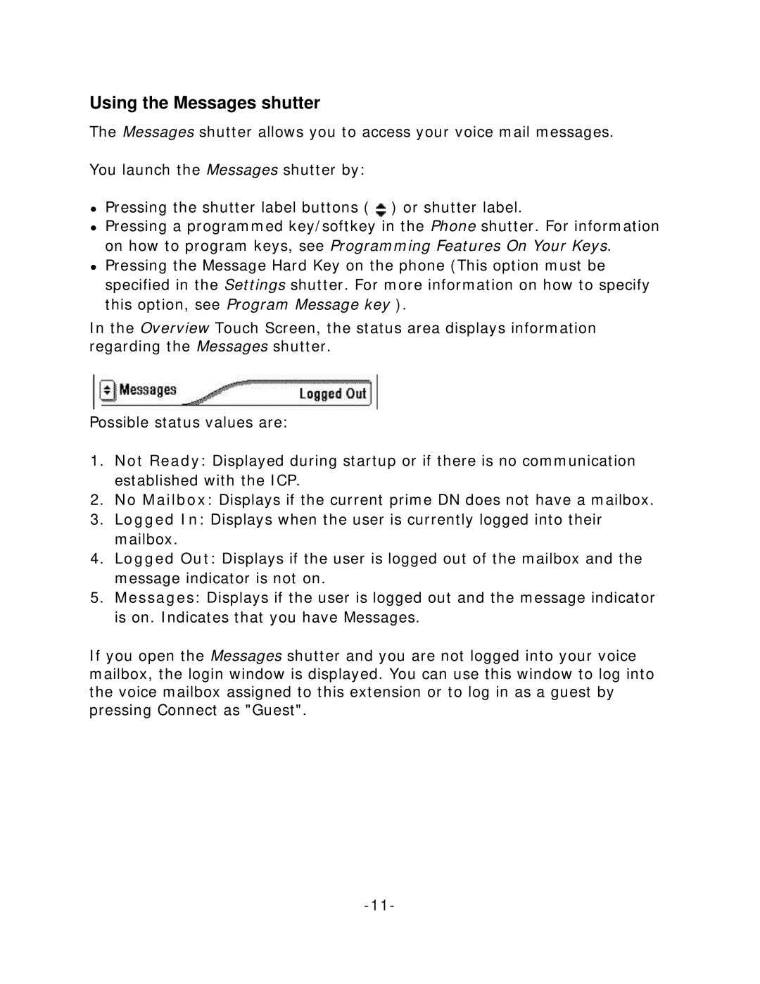 Mitel 5235 manual Using the Messages shutter 
