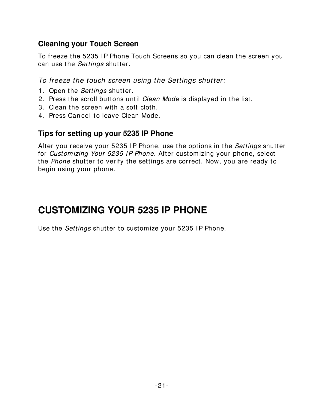 Mitel manual CUSTOMIZING YOUR 5235 IP PHONE, Cleaning your Touch Screen, Tips for setting up your 5235 IP Phone 