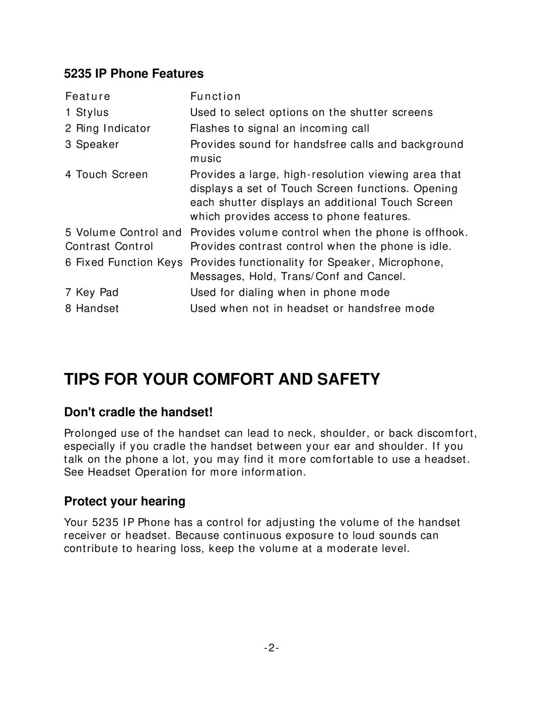 Mitel 5235 Tips For Your Comfort And Safety, IP Phone Features, Dont cradle the handset, Protect your hearing, Function 
