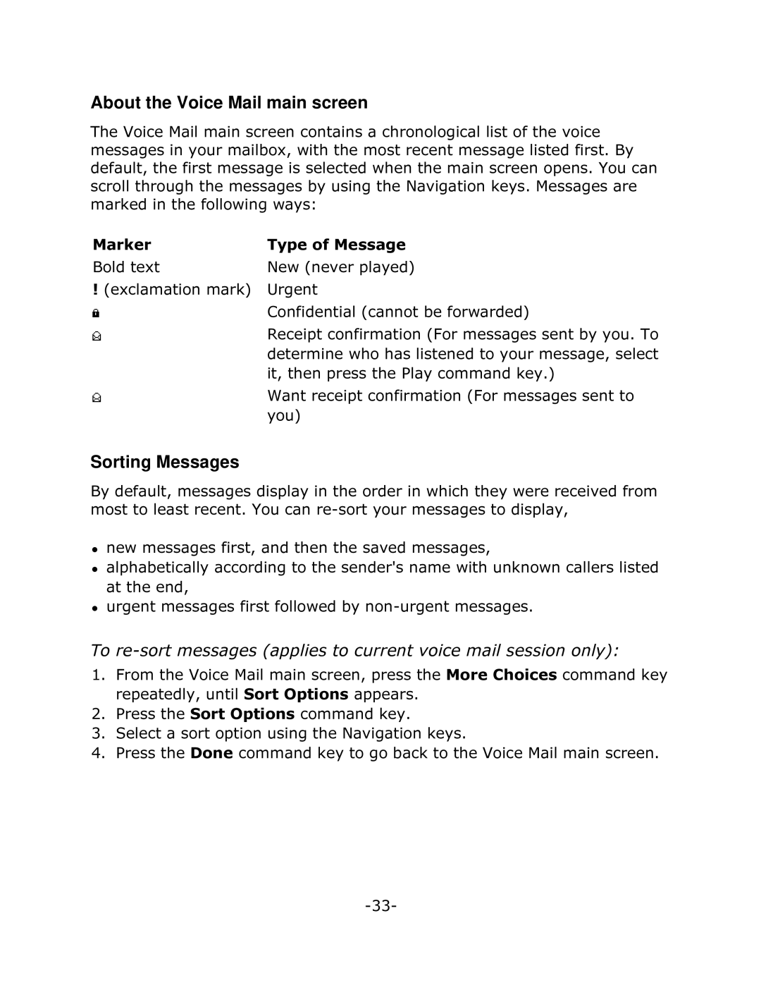 Mitel 5240 manual About the Voice Mail main screen, Sorting Messages, Qhzphvvdjhviluvwdqgwkhqwkhvdyhgphvvdjhv 