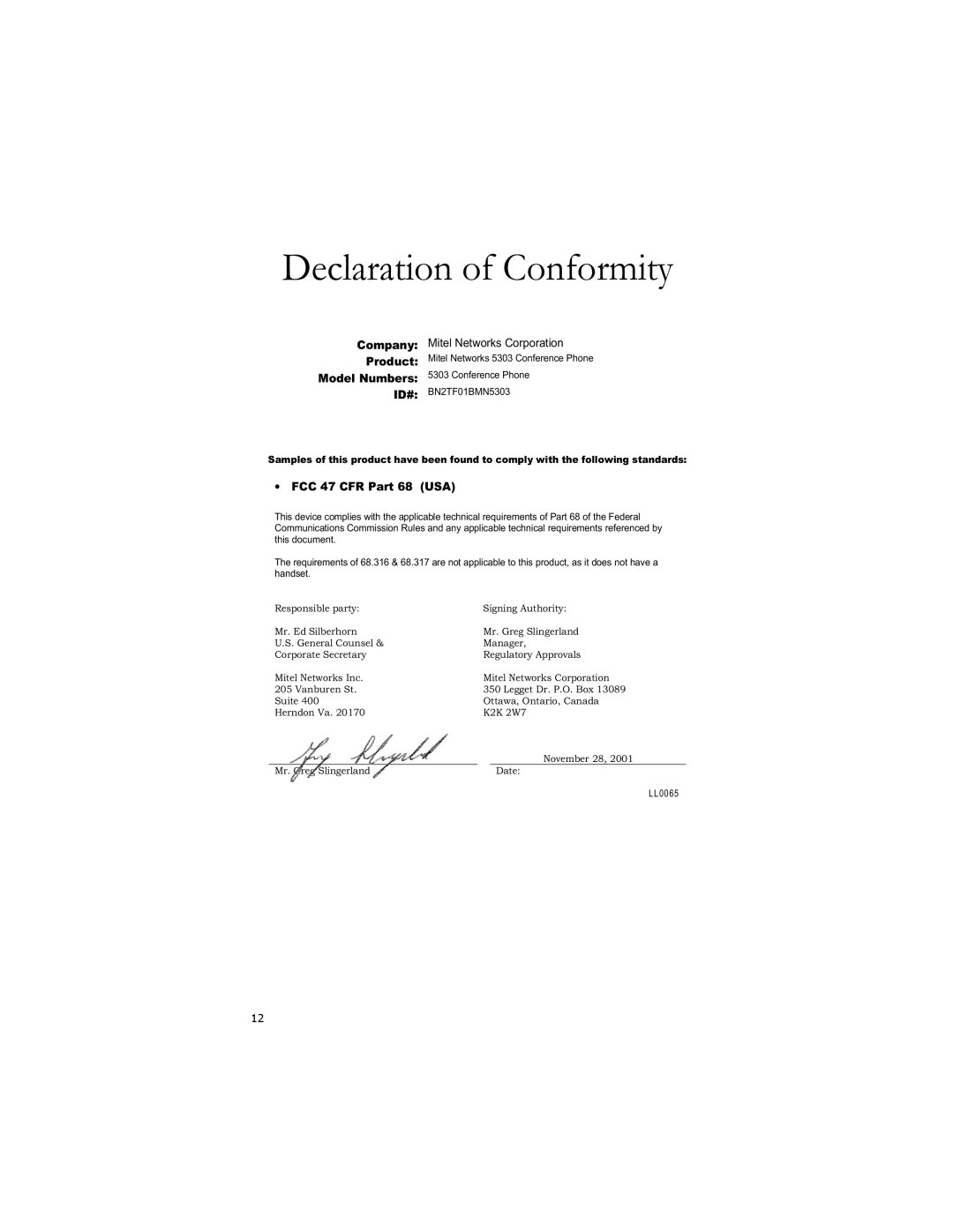 Mitel 5303 manual Declaration of Conformity 