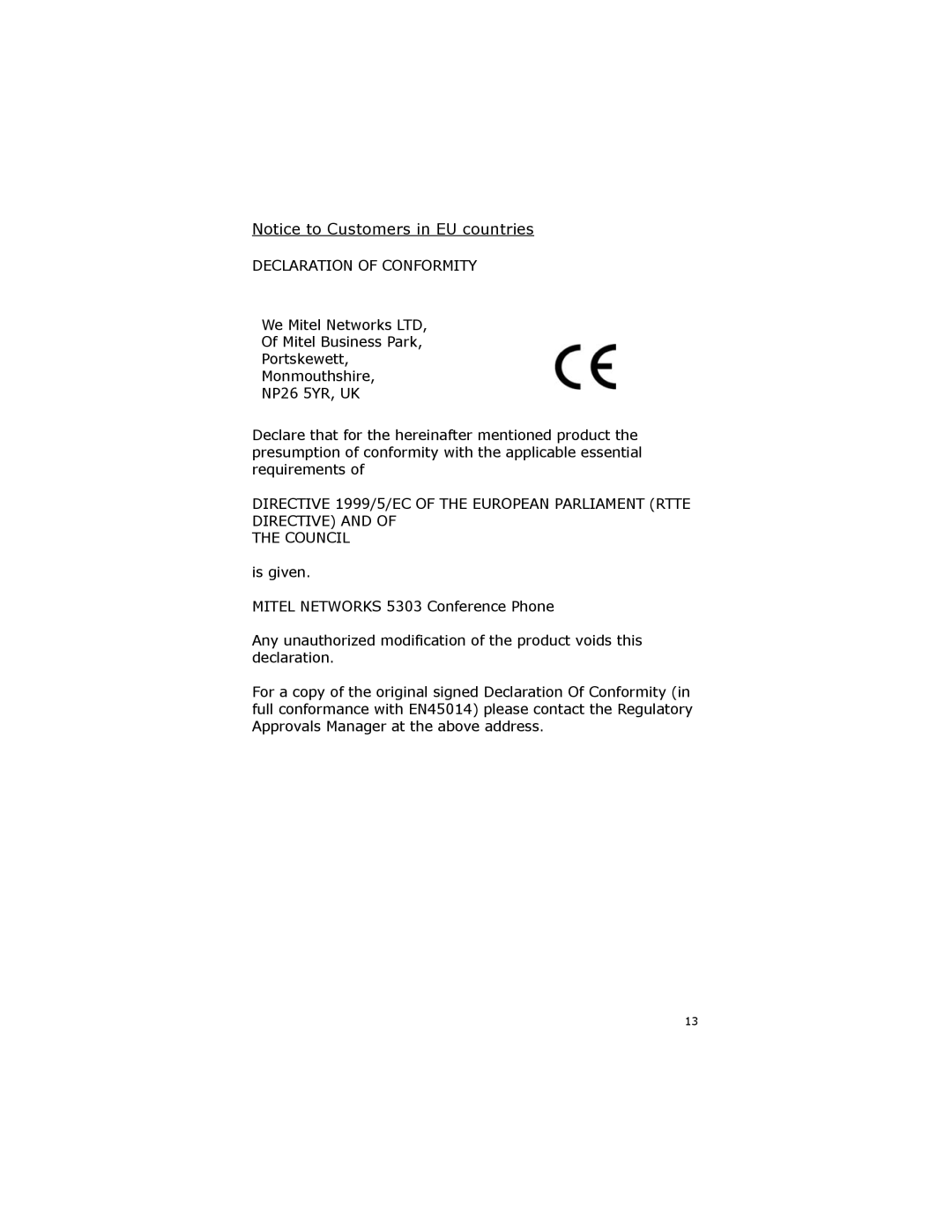 Mitel 5303 manual Declaration of Conformity 