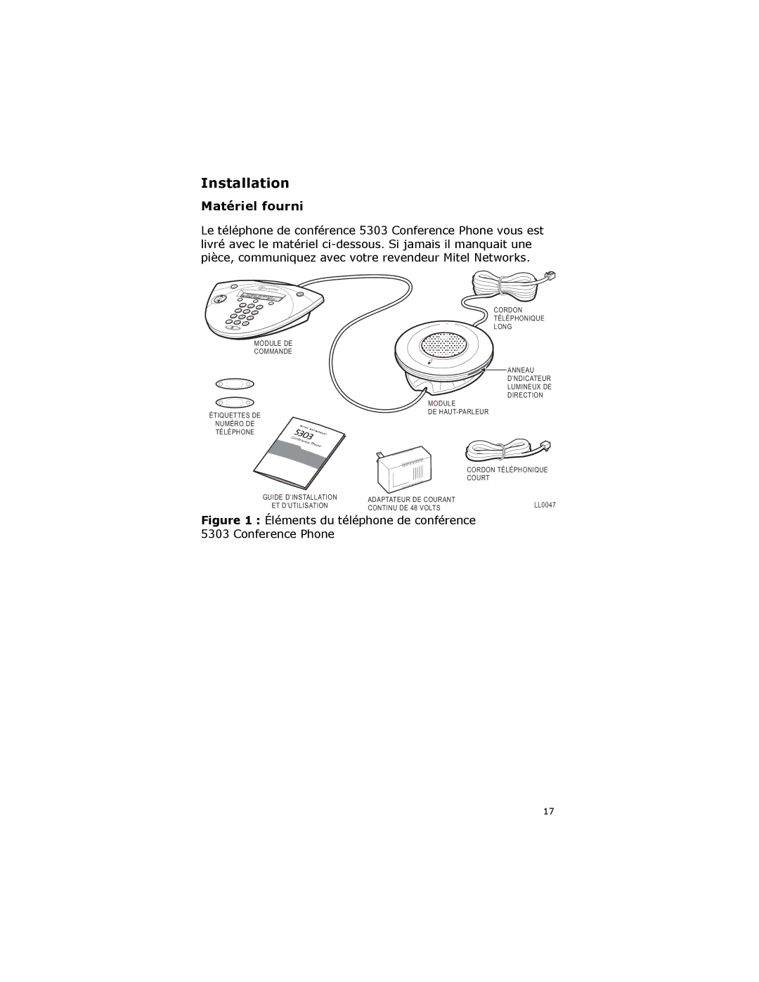 Mitel manual Matériel fourni, Éléments du téléphone de conférence 5303 Conference Phone 