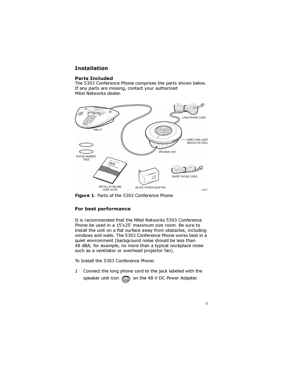 Mitel 5303 manual Installation, Parts Included, For best performance 