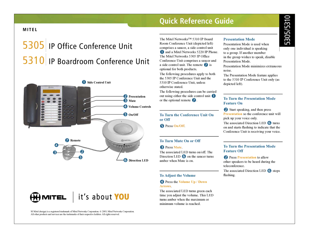 Mitel 5310 manual To Turn the Presentation Mode, Feature On, To Turn the Conference Unit On or Off 