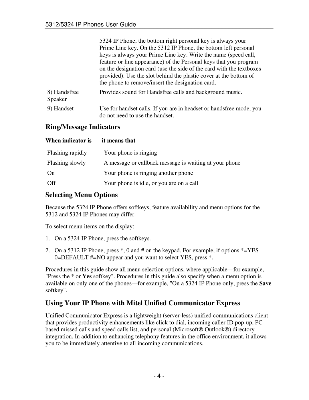 Mitel 5312 IP Ring/Message Indicators, Selecting Menu Options, Using Your IP Phone with Mitel Unified Communicator Express 