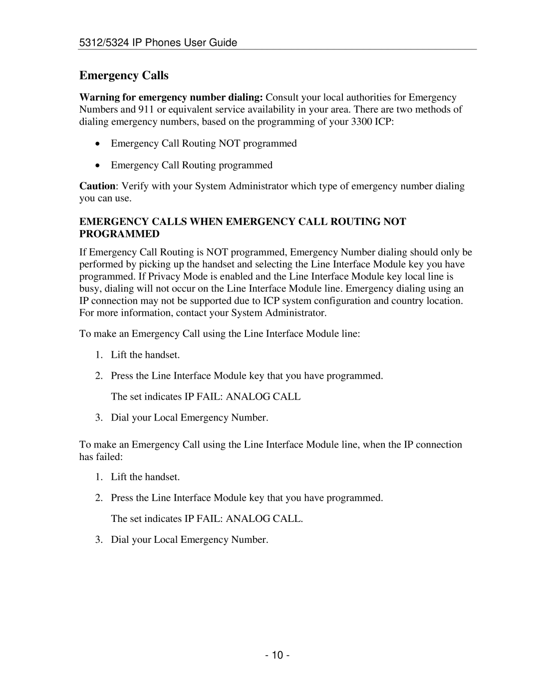 Mitel 5312 IP manual Emergency Calls When Emergency Call Routing not Programmed 