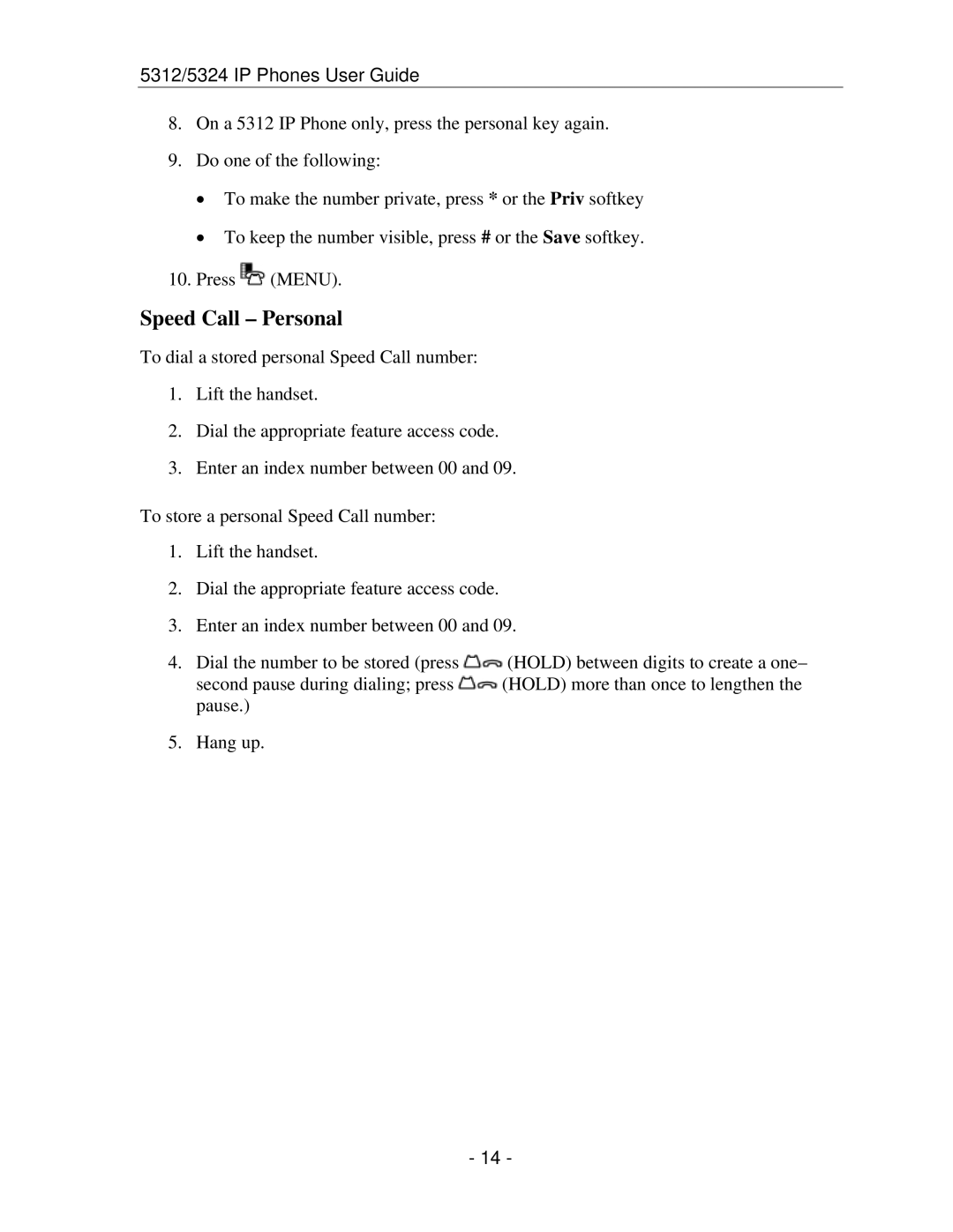 Mitel 5312 IP manual Speed Call Personal 