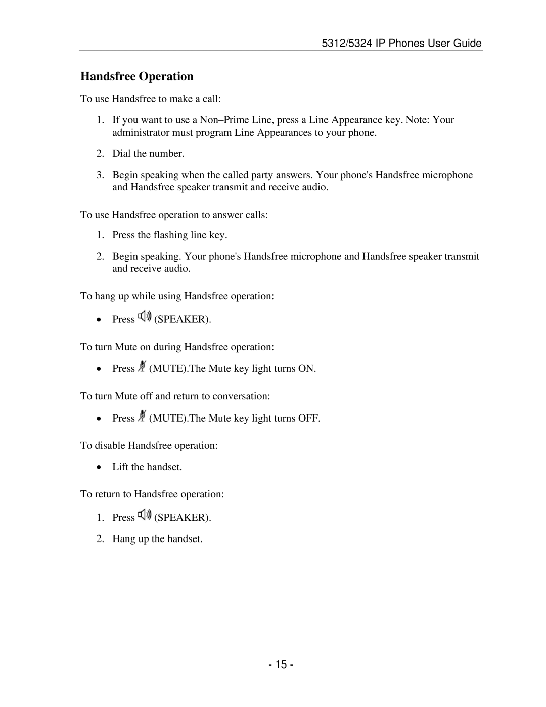 Mitel 5312 IP manual Handsfree Operation 