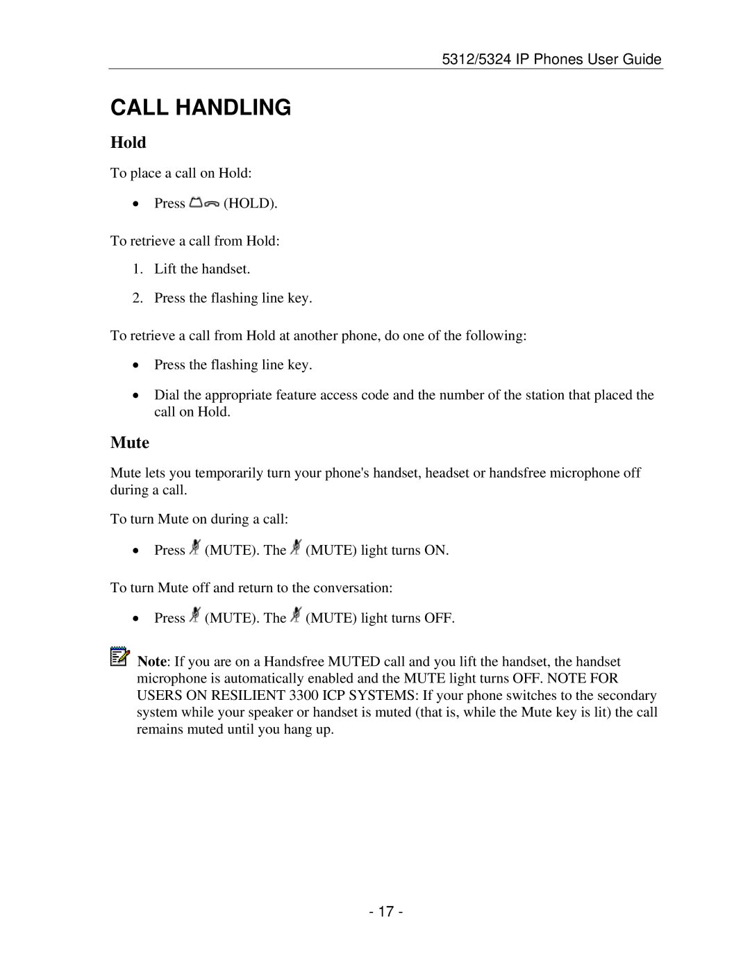 Mitel 5312 IP manual Call Handling, Hold, Mute 