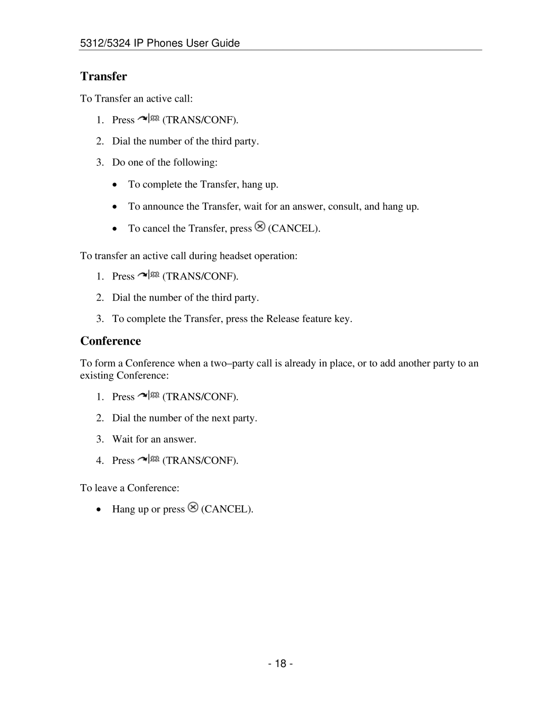 Mitel 5312 IP manual Transfer, Conference 